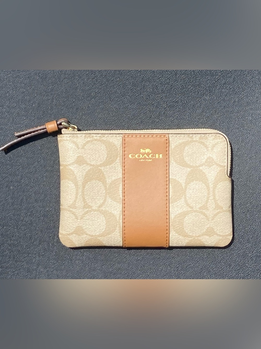Coach Signature Canvas Corner Zip Wristlet Khaki Saddle Brown Logo Wallet